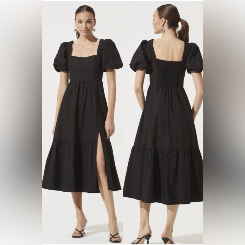 Astr The Label Poplin Puff Sleeve Tiered Midi Dress